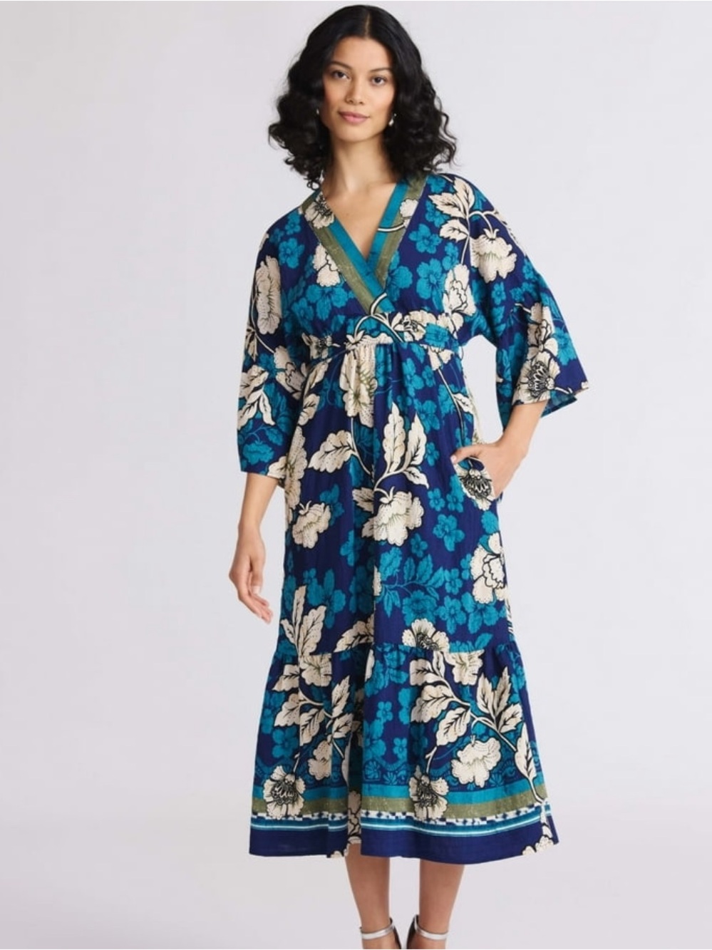 Sofia Vergara Boho Floral Midi Dress Sz L Garden Party Shower Brunch